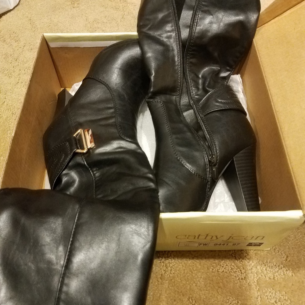 Cathy Jean black leather over calf heeled boots